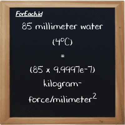 How to convert millimeter water (4<sup>o</sup>C) to kilogram-force/milimeter<sup>2</sup>: 85 millimeter water (4<sup>o</sup>C) (mmH2O) is equivalent to 85 times 9.9997e-7 kilogram-force/milimeter<sup>2</sup> (kgf/mm<sup>2</sup>)